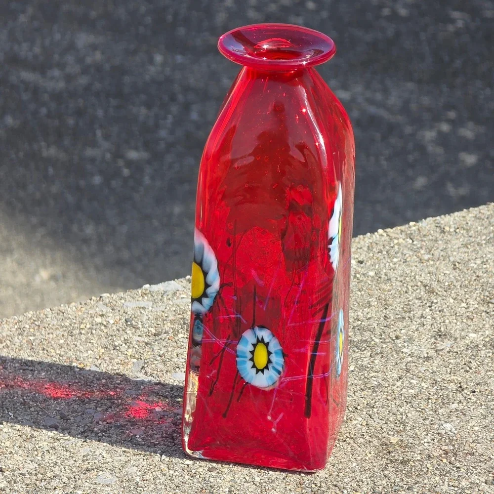 Herb A. Thomas Signed Red Art Glass Millefiori Floral Murrine Bottle Vase 6.5